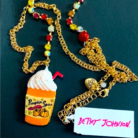 New Betsey Johnson Pumpkin Spice Pendant Fall Latte Crystal Necklace - Picture 8 of 13